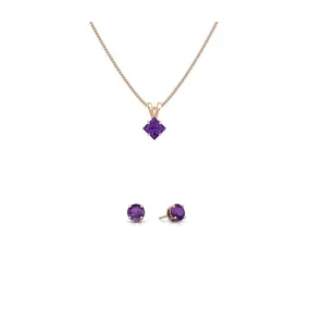 18K Rose Gold 1ct Amethyst Square 18 Inch Necklace and Round Earrings Set Plated