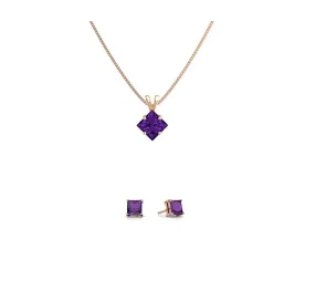 18K Rose Gold 2ct Amethyst Square 18 Inch Necklace and Earrings Set Plated