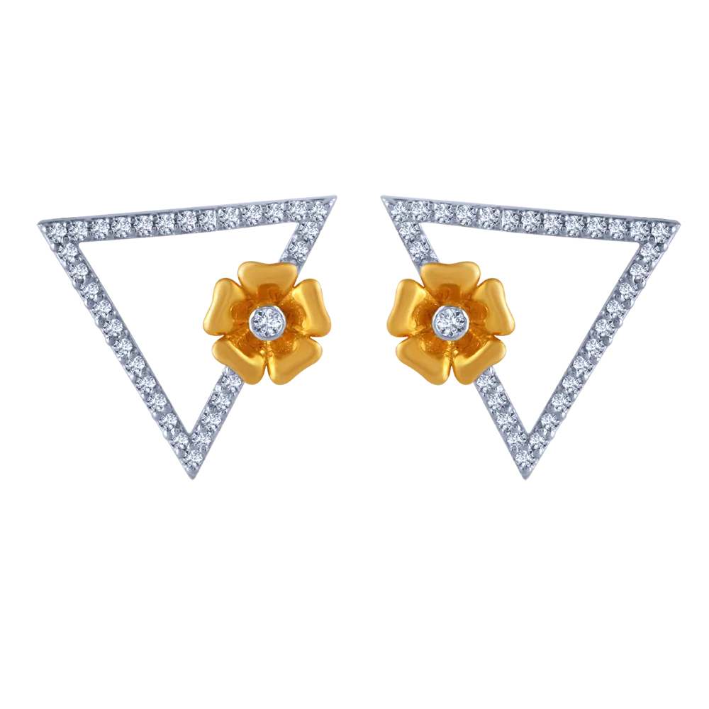 18k Triangular Diamond Stud Earrings With An Intricate Flower