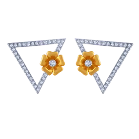 18k Triangular Diamond Stud Earrings With An Intricate Flower