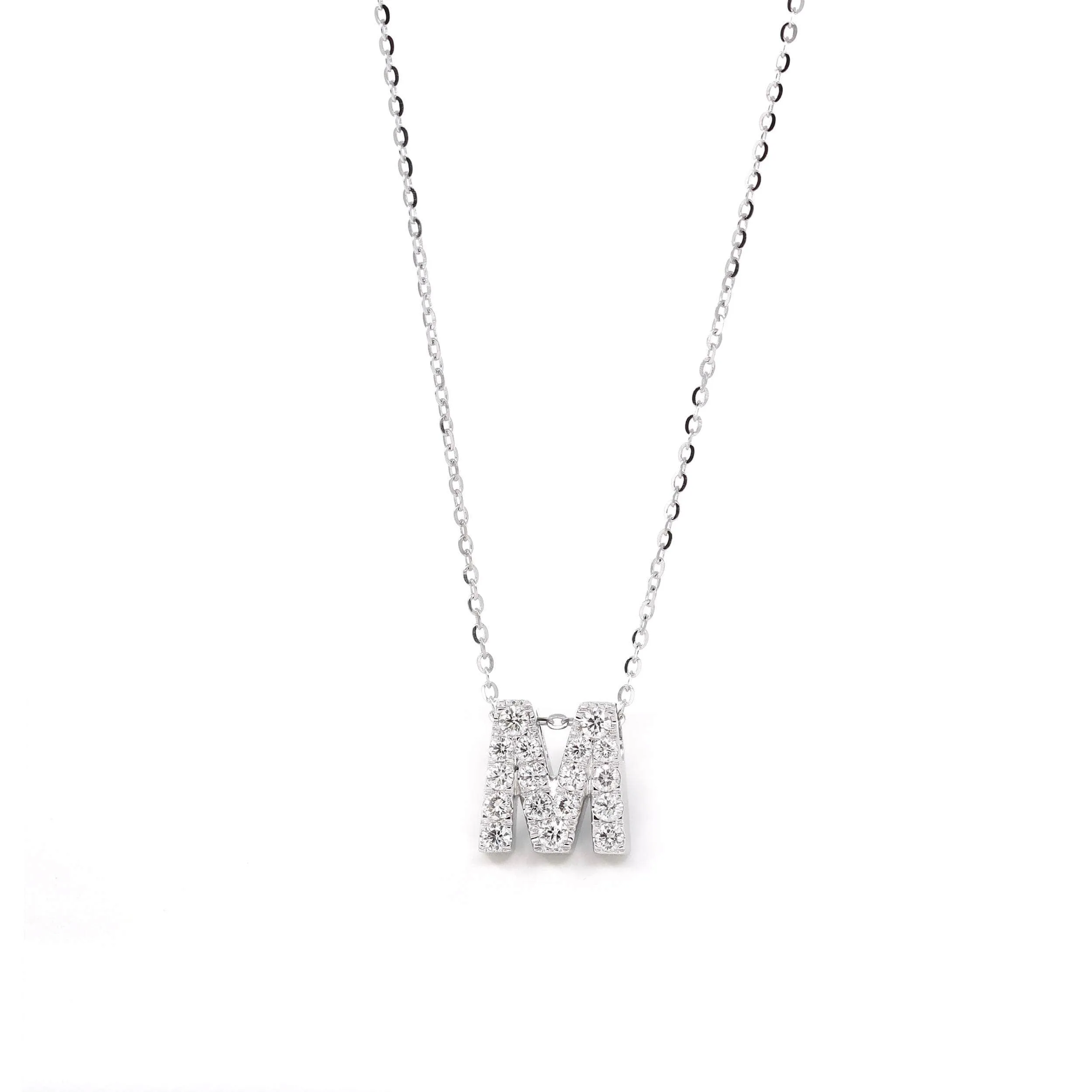 18K White Gold M Pendant Necklace With Diamond