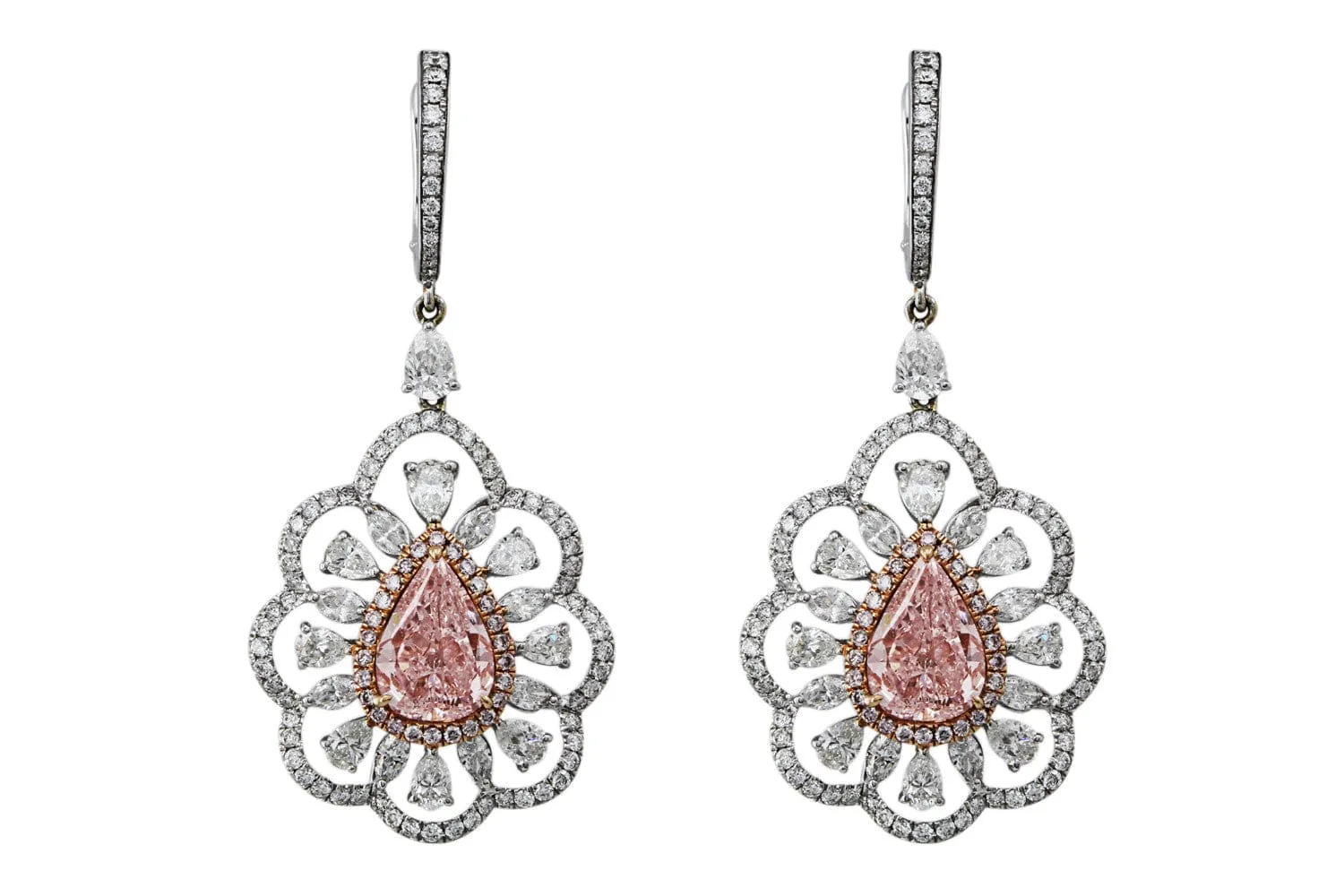 18k White Pink Gold Fancy Pink Diamond Pear Earrings