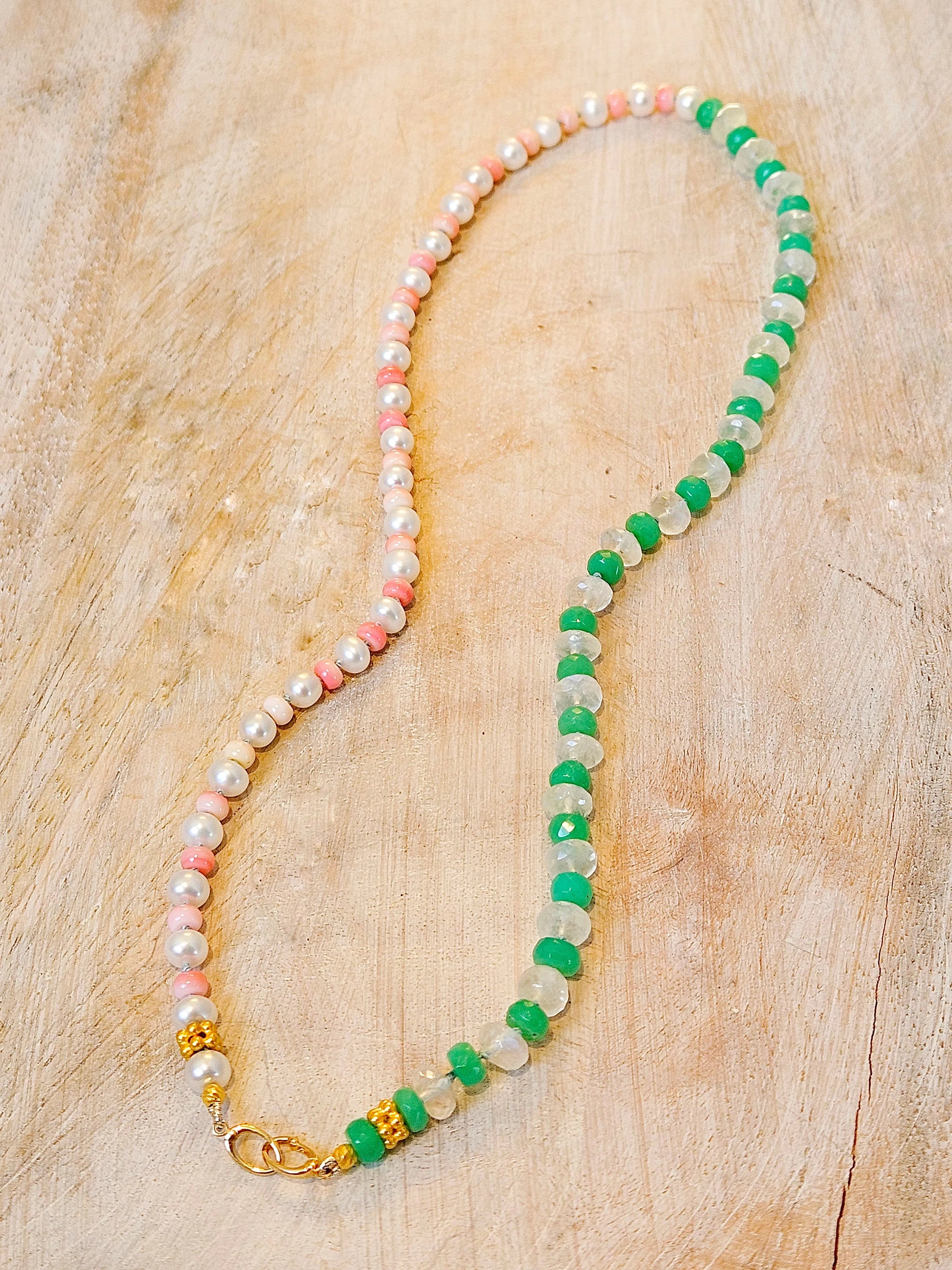 18K Yellow Gold Gemstone Halfsie Necklace with Chrysoprase, Rainbow Moonstone, Pink Shell & Freshwater Pearl | Indulgems | Designs in Real Gold