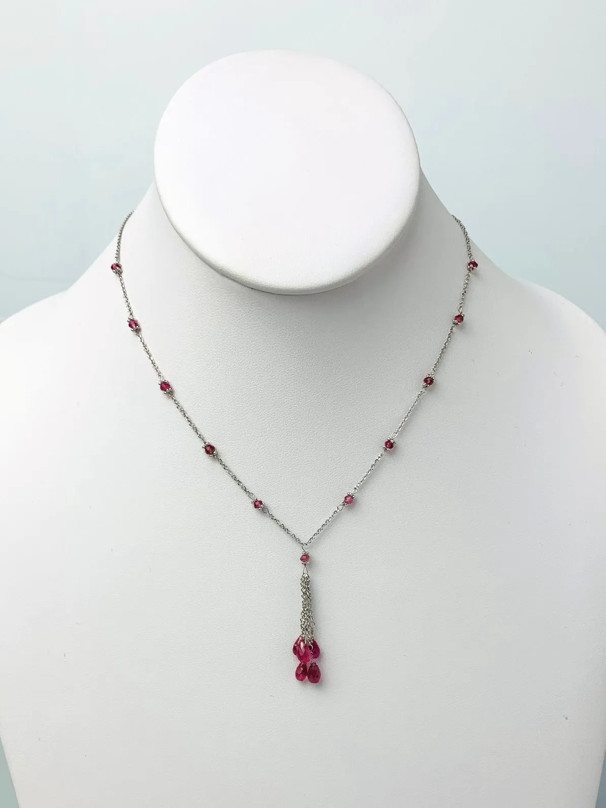 18" Pink Tourmaline Station Necklace With Tassel Center in 14KW - NCK-515-TASGM14Y-PT-18-01248