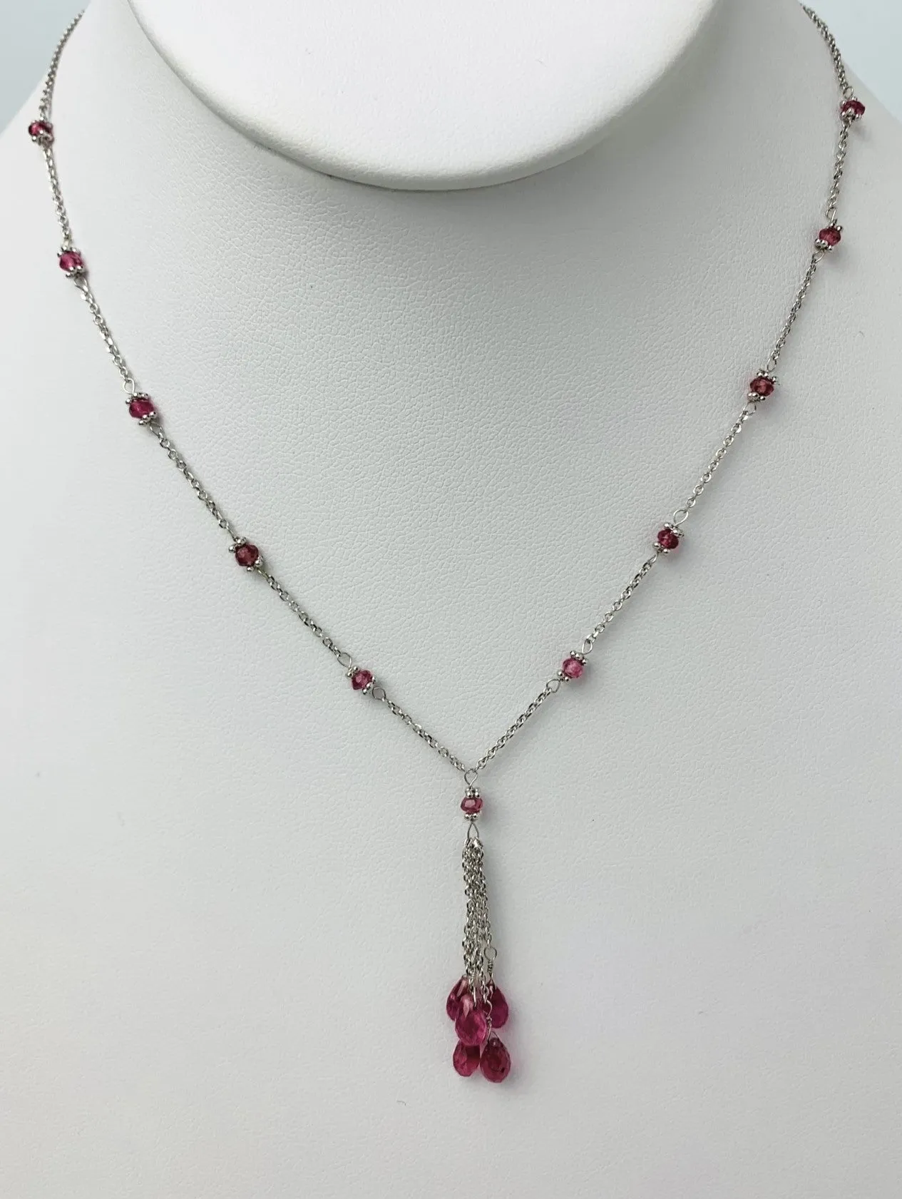 18" Pink Tourmaline Station Necklace With Tassel Center in 14KW - NCK-515-TASGM14Y-PT-18-01248