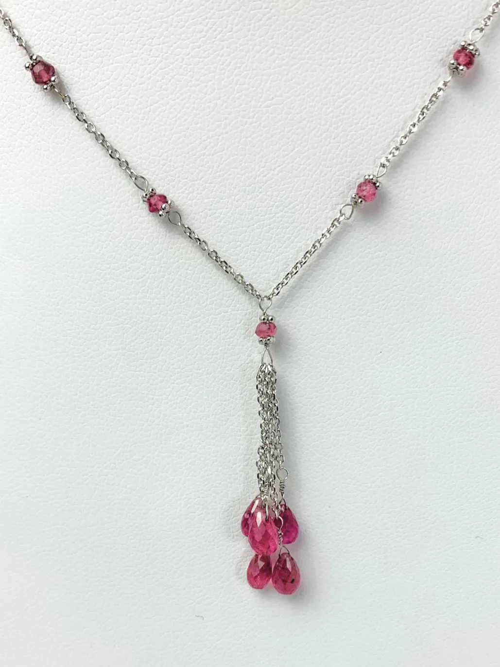 18" Pink Tourmaline Station Necklace With Tassel Center in 14KW - NCK-515-TASGM14Y-PT-18-01248