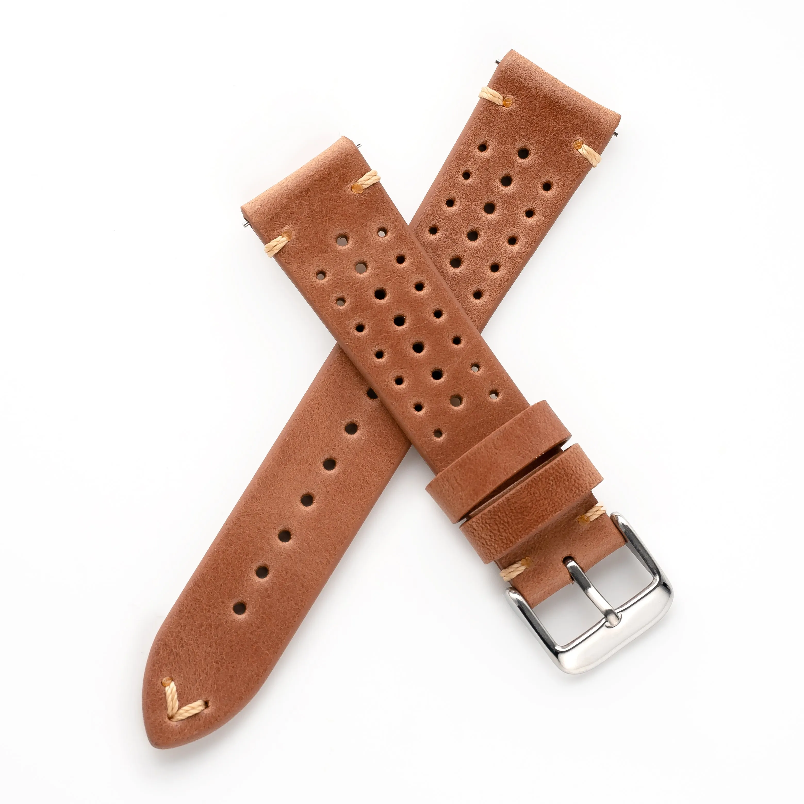 20mm 22mm Quick Release Rally Racing Leather Watch Strap - Light Brown