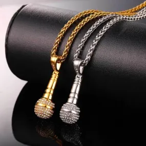 24 Karat  Gold-Plated Microphone Handcrafted  Pendant Necklace with Rainstones For Good Luck Man and Woman