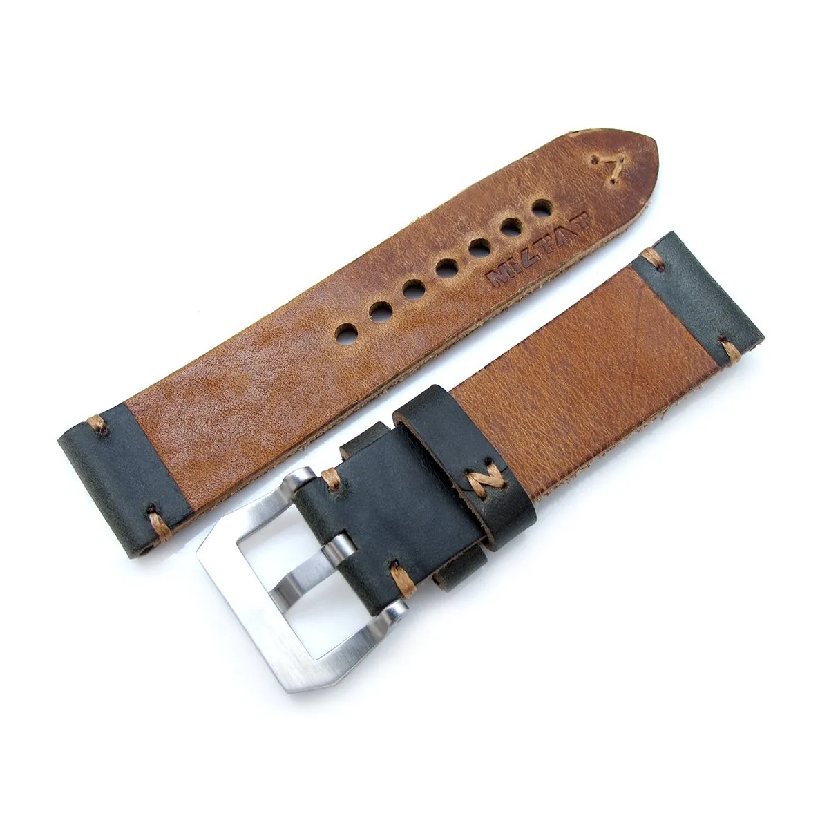 24mm MiLTAT Horween Chromexcel Watch Strap, Blackish Green, Brown Stitching