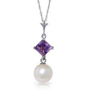 2.5 Carat 14K Solid White Gold No Talking Amethyst Pearl Necklace