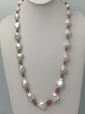 26" Freshwater Baroque Pearl and Pink Tourmaline Necklace with Vermeil Clasp - NCK-089-KNTPRLGMSS-WHPT-26