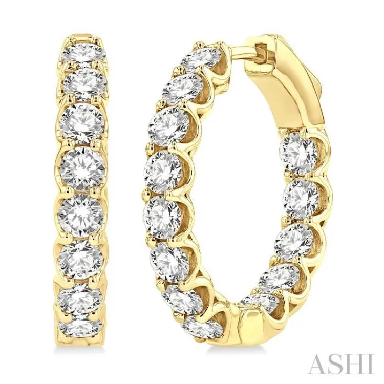 3 ctw Interior and Exterior Embellishment Round Cut Diamond Fashion Hoop Earring in 14K Yellow Gold