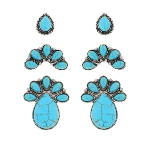 3 Piece Set Turquoise Stud Earrings