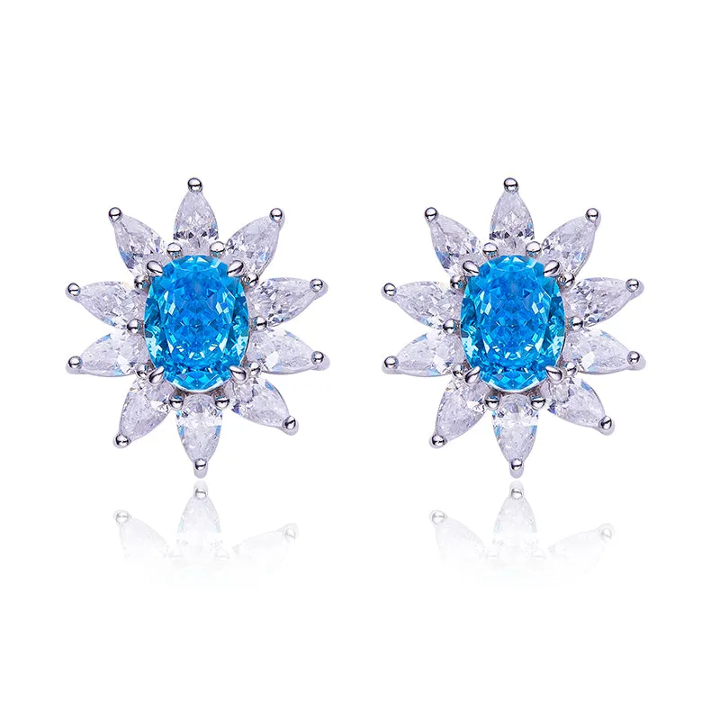 3.2Carat Oval Blue Zircon Flower Shape Studs