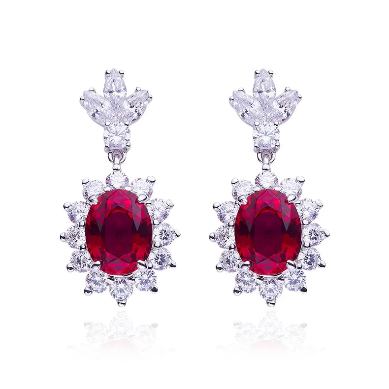 3.2Carat Oval Red Zircon Flower Drop Earrings