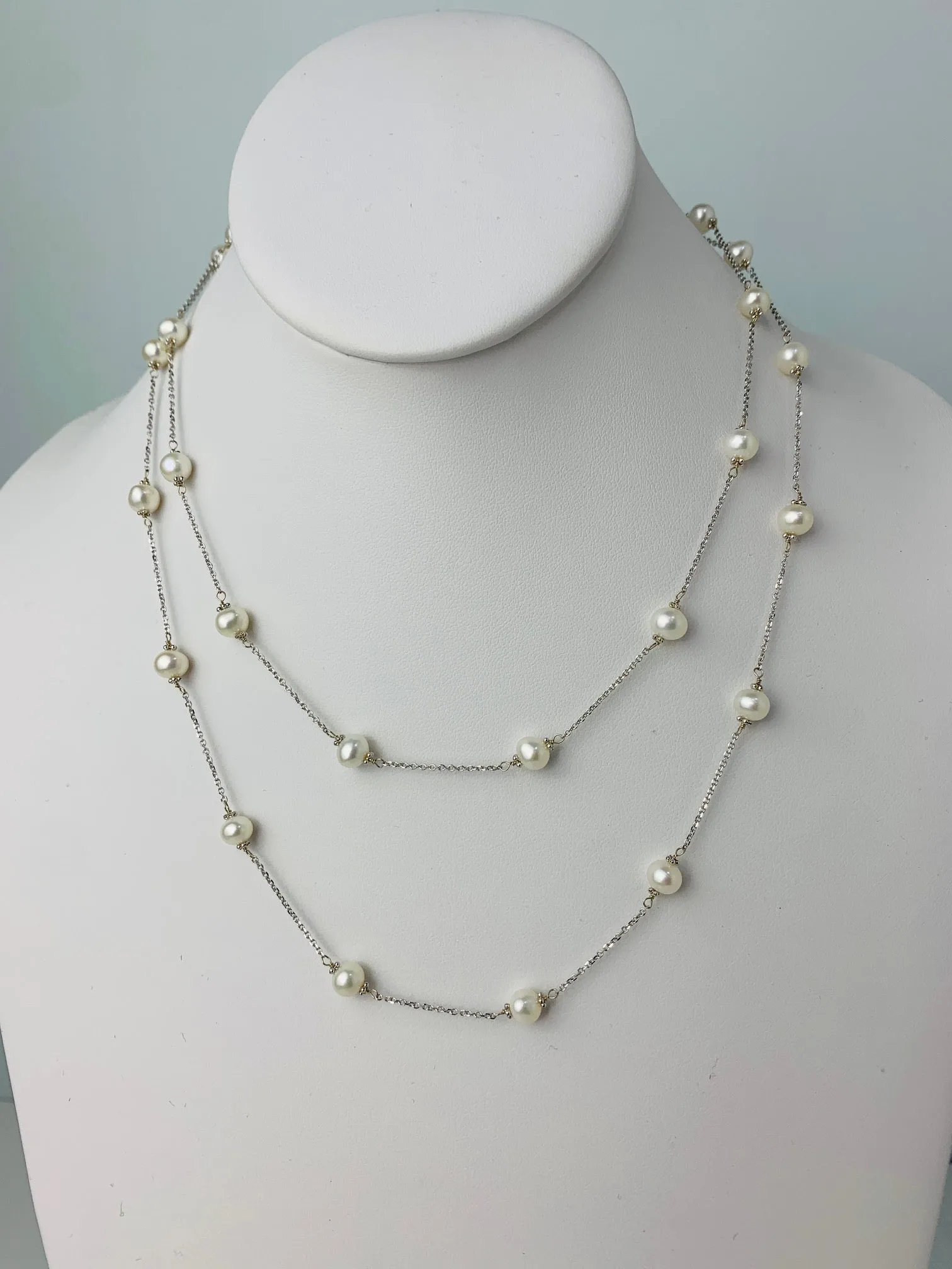 38" White Pearl Station Necklace With Rondelle Accents in 14KW - NCK-628-TNCPRL14W-WH-38