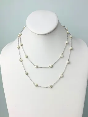 38" White Pearl Station Necklace With Rondelle Accents in 14KW - NCK-628-TNCPRL14W-WH-38