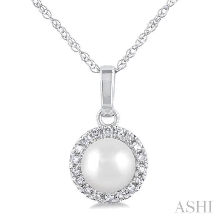 5MM Cultured White Pearl and 1/20 ctw Single Cut Diamond Halo Pendant With Chain in 14K White Gold