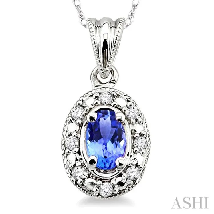 5x3mm Oval Shape Tanzanite and 1/20 Ctw Single Cut Diamond Pendant in 14K White Gold with Chain