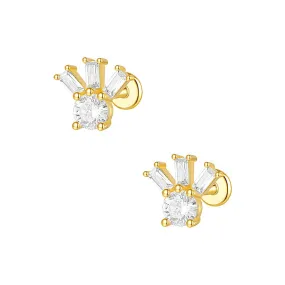 925 Silver Square Round CZ Diamond Flat Back Earrings