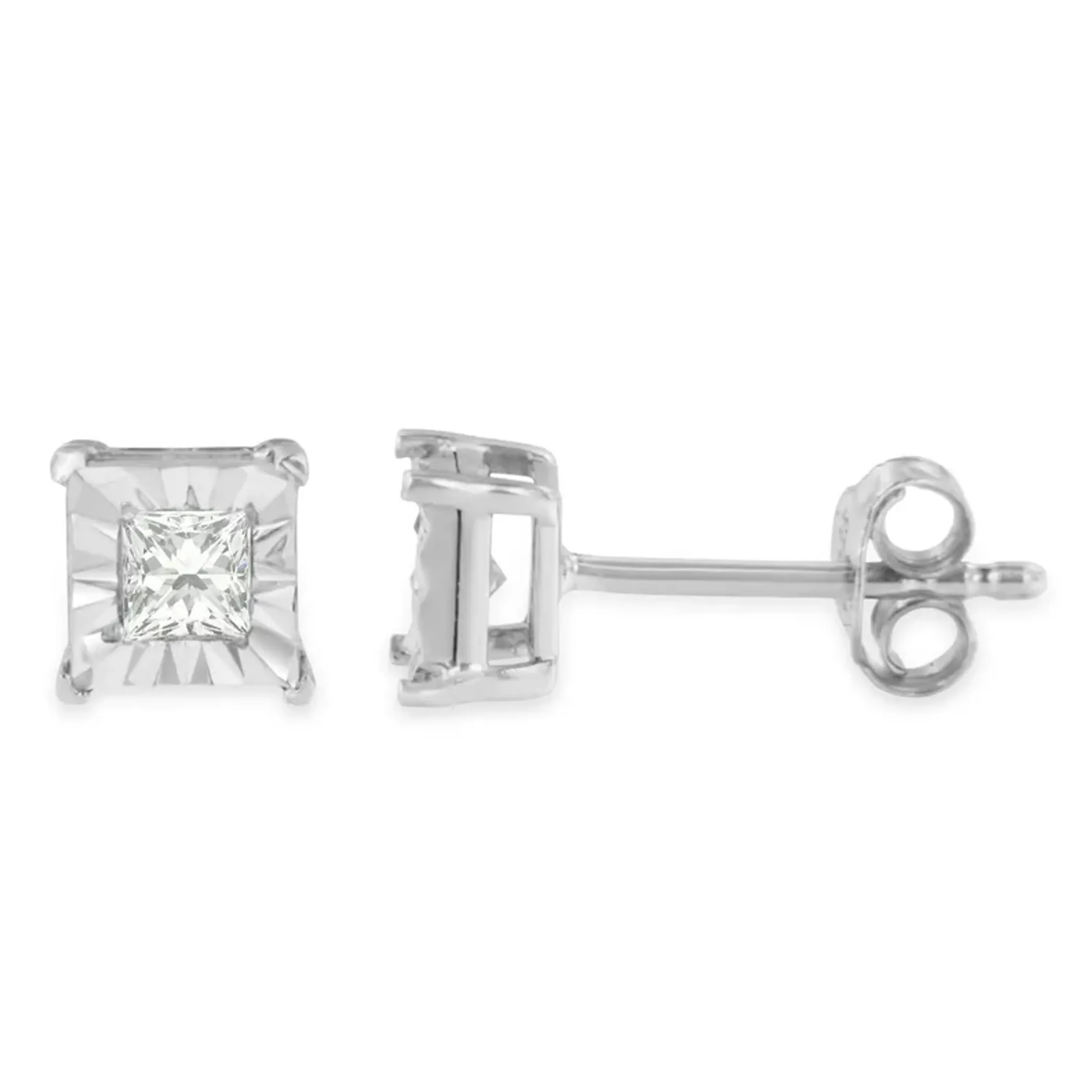 .925 Sterling Silver 1/4 Cttw Princess-Cut Square Near Colorless Diamond Solitaire Miracle-Plate Stud Earrings (H-I Color, I2-I3 Clarity)