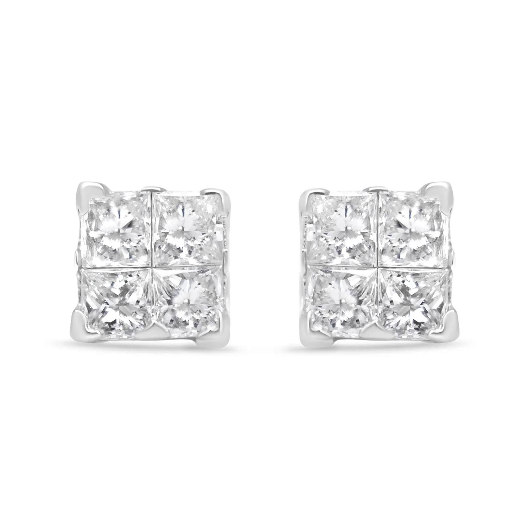 .925 Sterling Silver 5/8 Cttw Princess Cut Diamond Invisible Set Quad Composite Stud Earrings (I-J Color, I2-I3 Clarity)