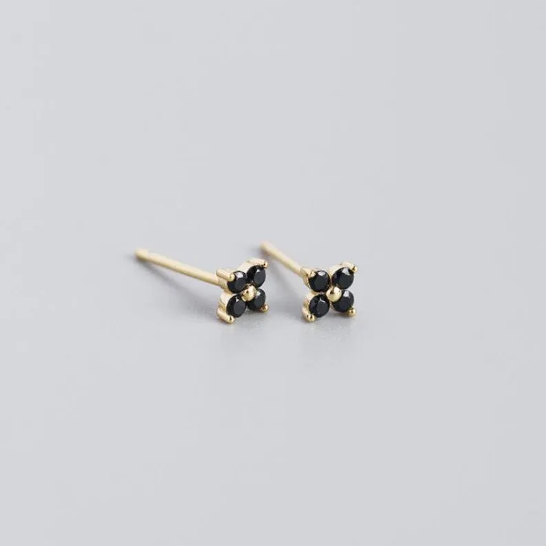 925 Sterling Silver Black CZ Flower Earrings