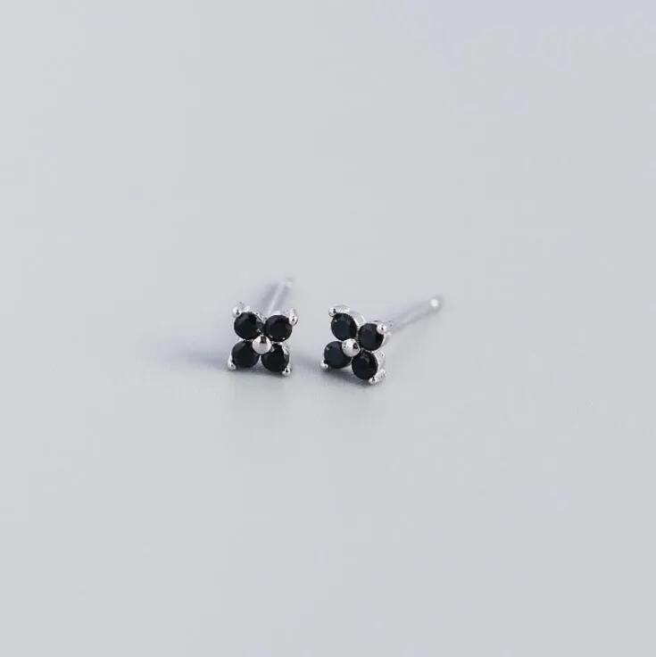 925 Sterling Silver Black CZ Flower Earrings