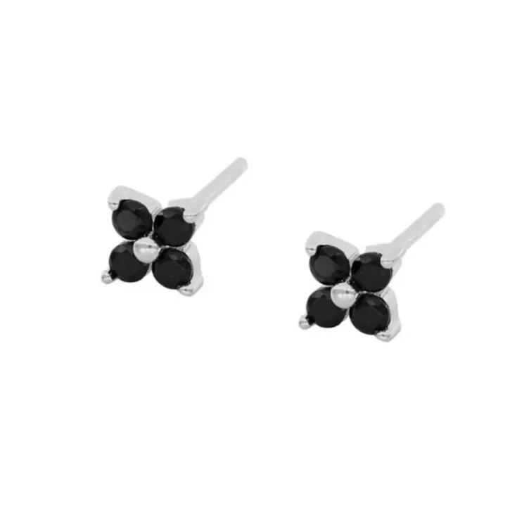 925 Sterling Silver Black CZ Flower Earrings