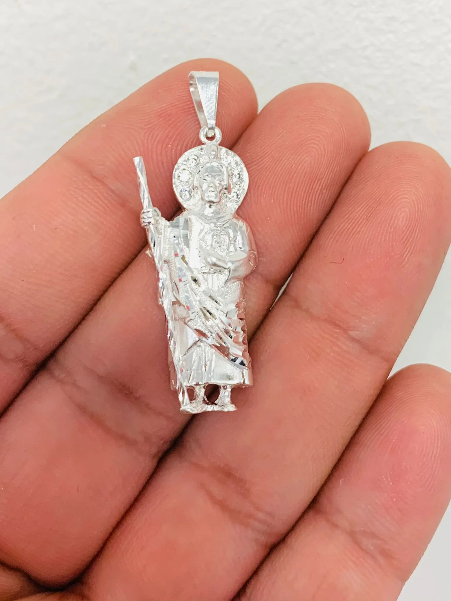 925 Sterling Silver CZ San Judas Pendant 1.5" 5g Unisex / Dije de San Judas en Plata Pura