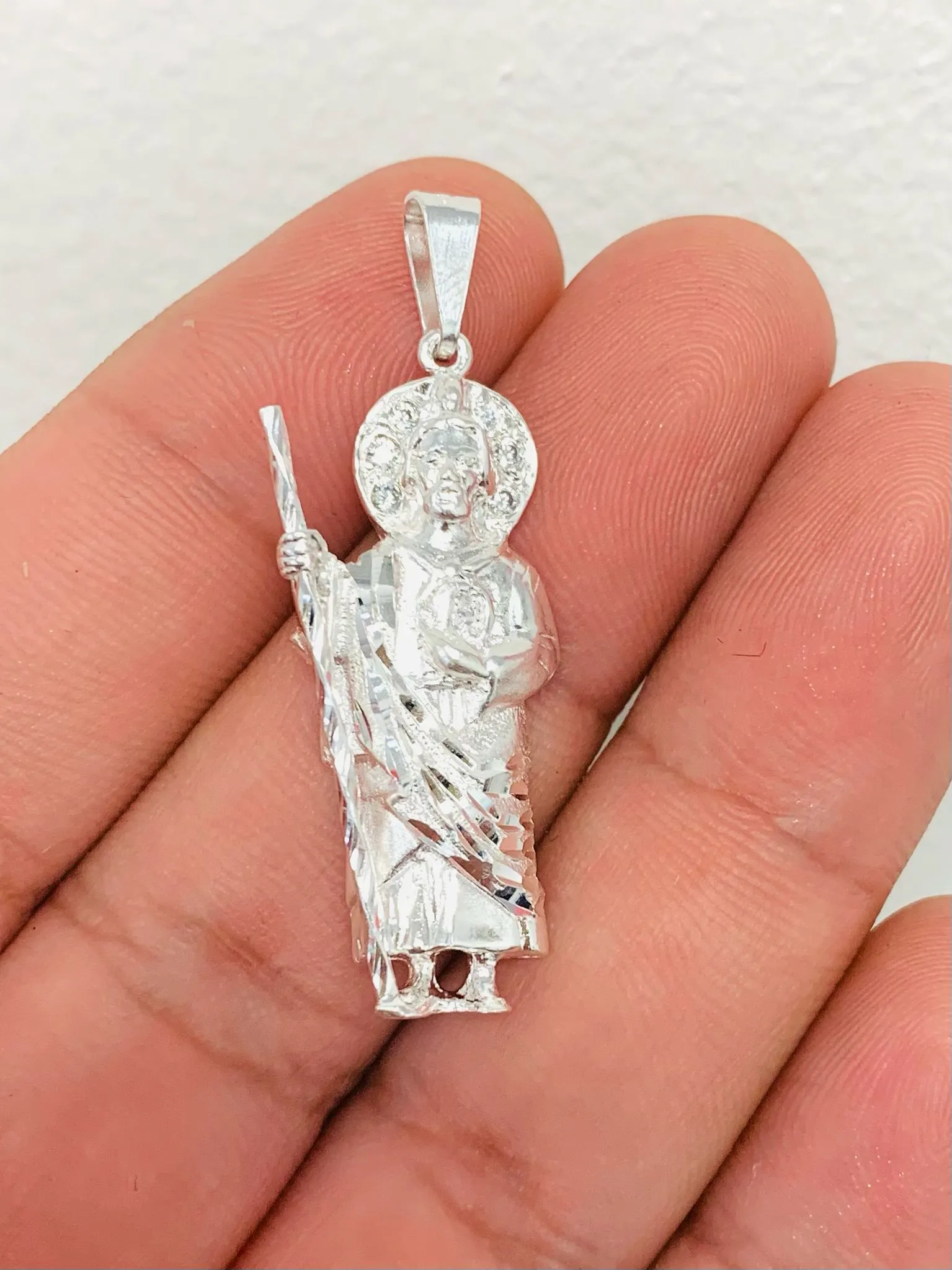 925 Sterling Silver CZ San Judas Pendant 1.5" 5g Unisex / Dije de San Judas en Plata Pura