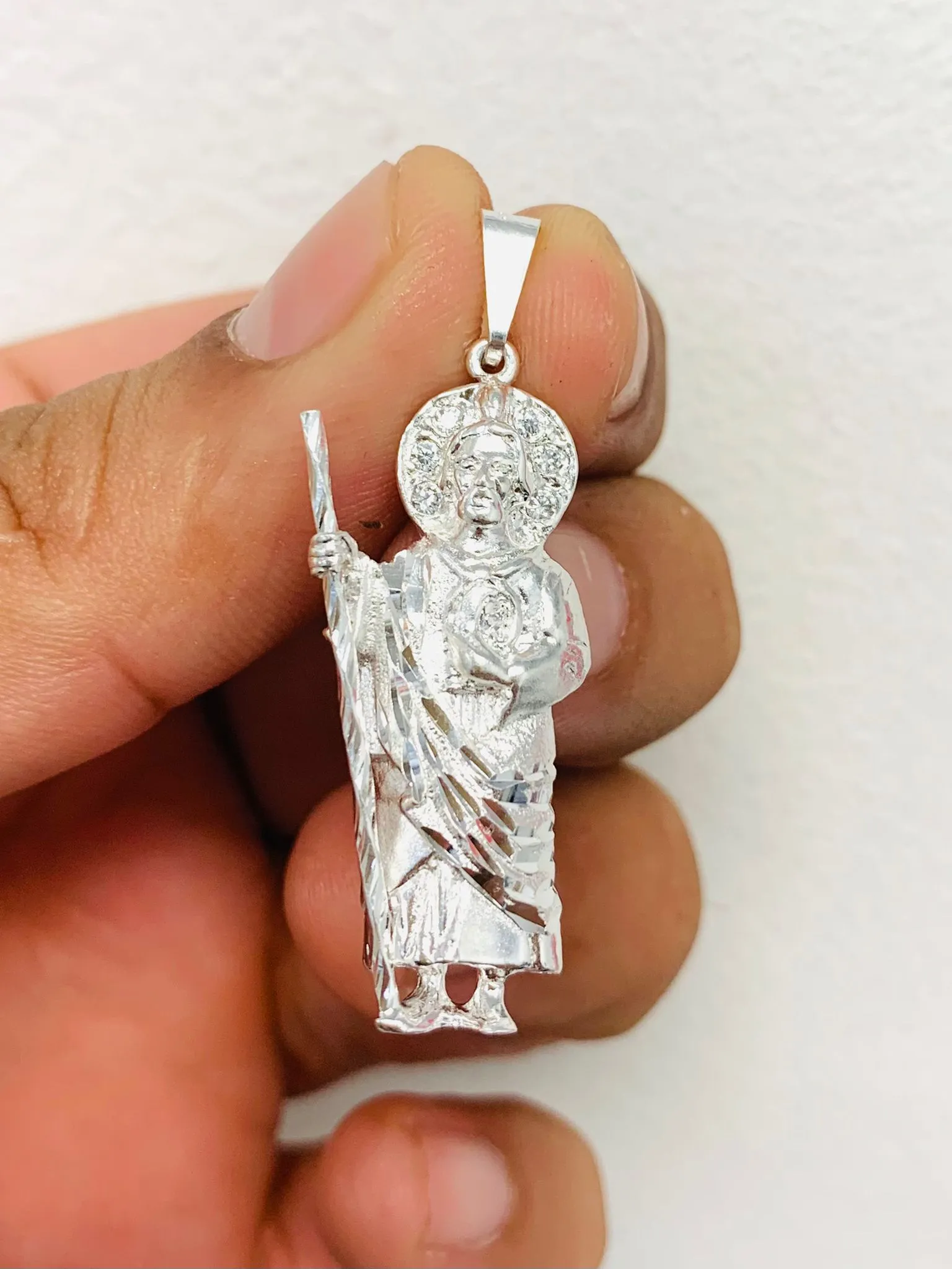 925 Sterling Silver CZ San Judas Pendant 1.5" 5g Unisex / Dije de San Judas en Plata Pura