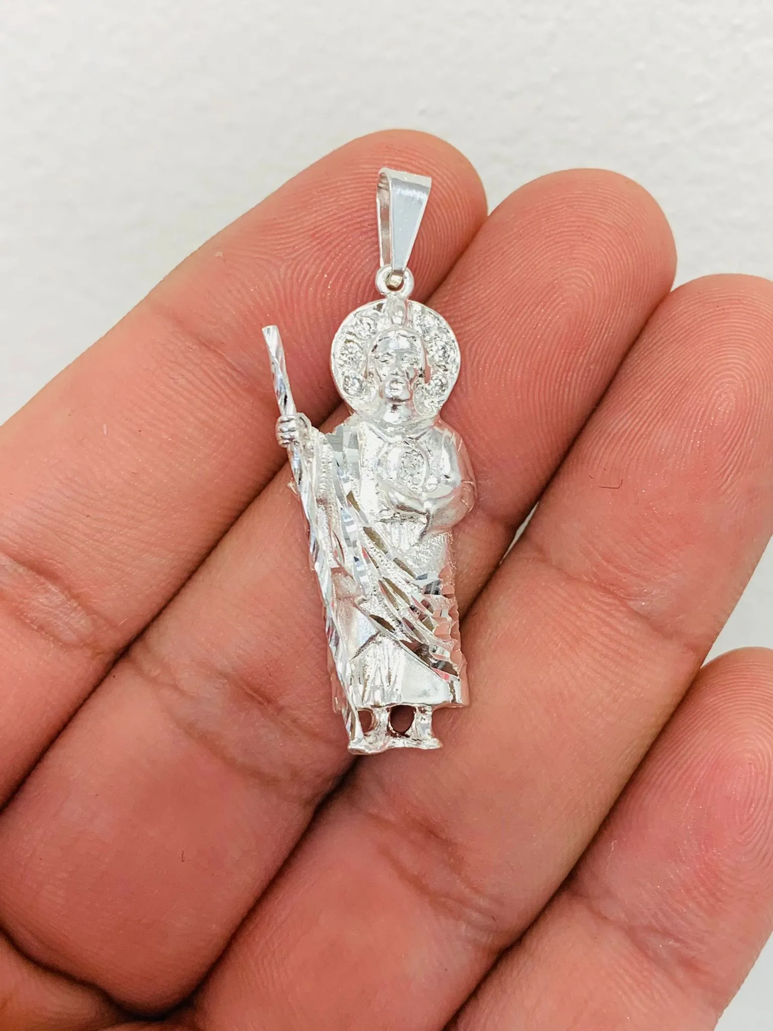 925 Sterling Silver CZ San Judas Pendant 1.5" 5g Unisex / Dije de San Judas en Plata Pura