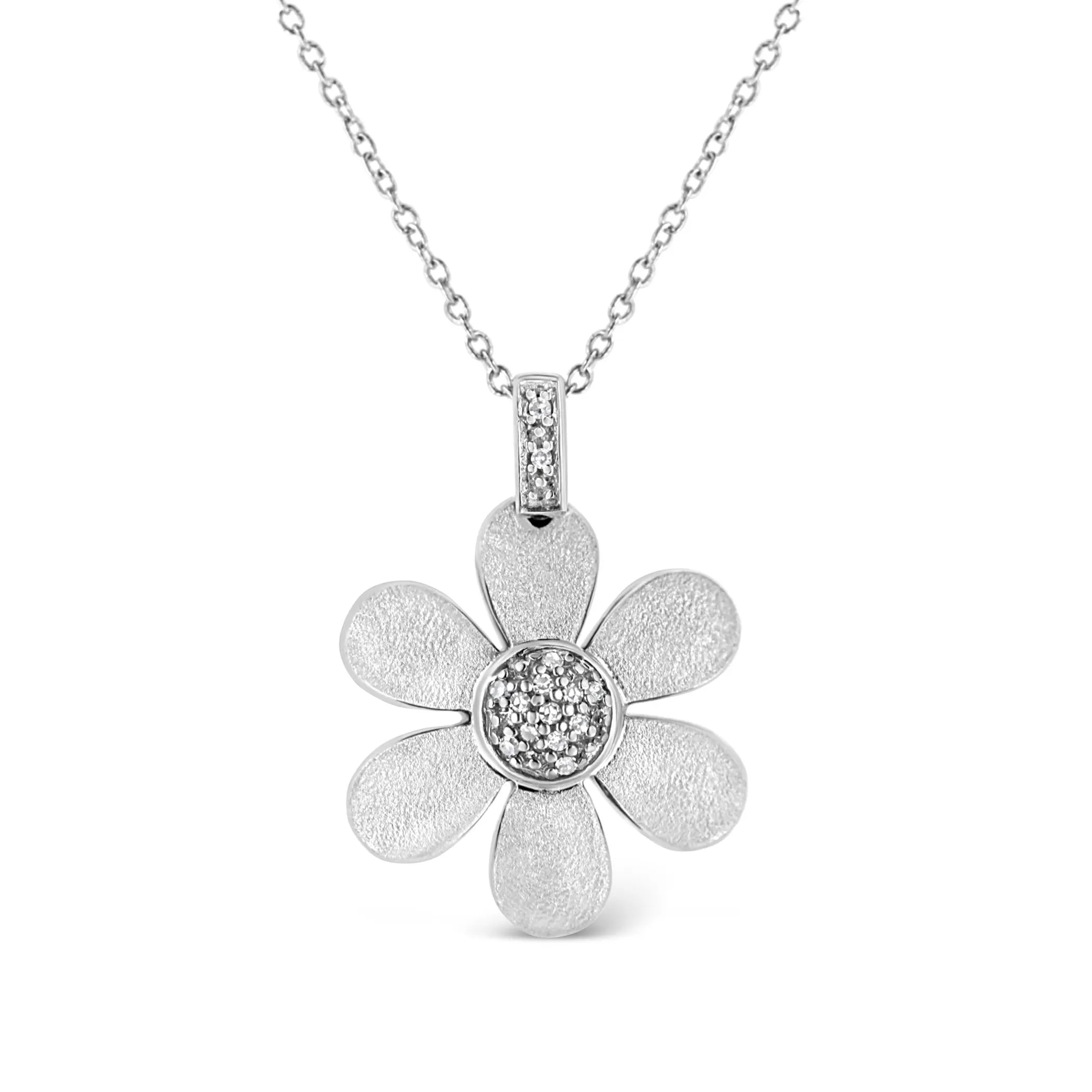 .925 Sterling Silver Pave-Set Diamond Accent Flower 18" Pendant Necklace (I-J Color, I1-I2 Clarity)