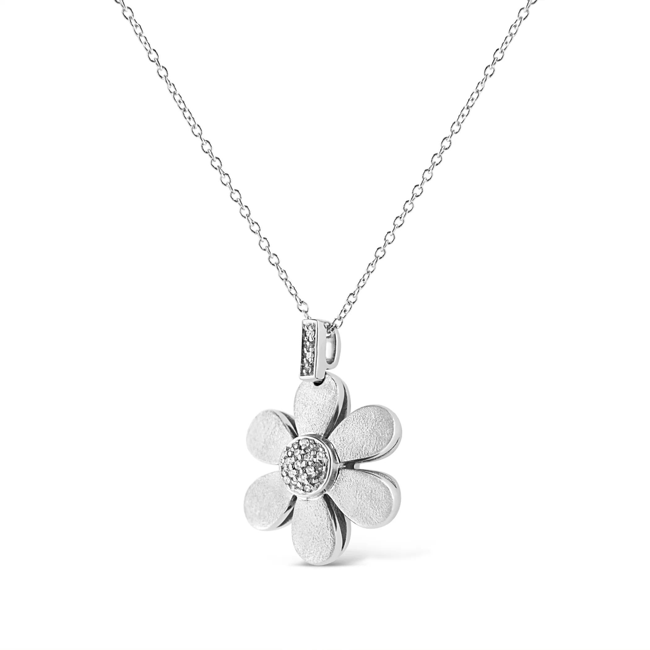 .925 Sterling Silver Pave-Set Diamond Accent Flower 18" Pendant Necklace (I-J Color, I1-I2 Clarity)