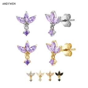 925 Sterling Silver Three Zircon Purple Stud Earring 8 Color Piercing Small Earrings For Women