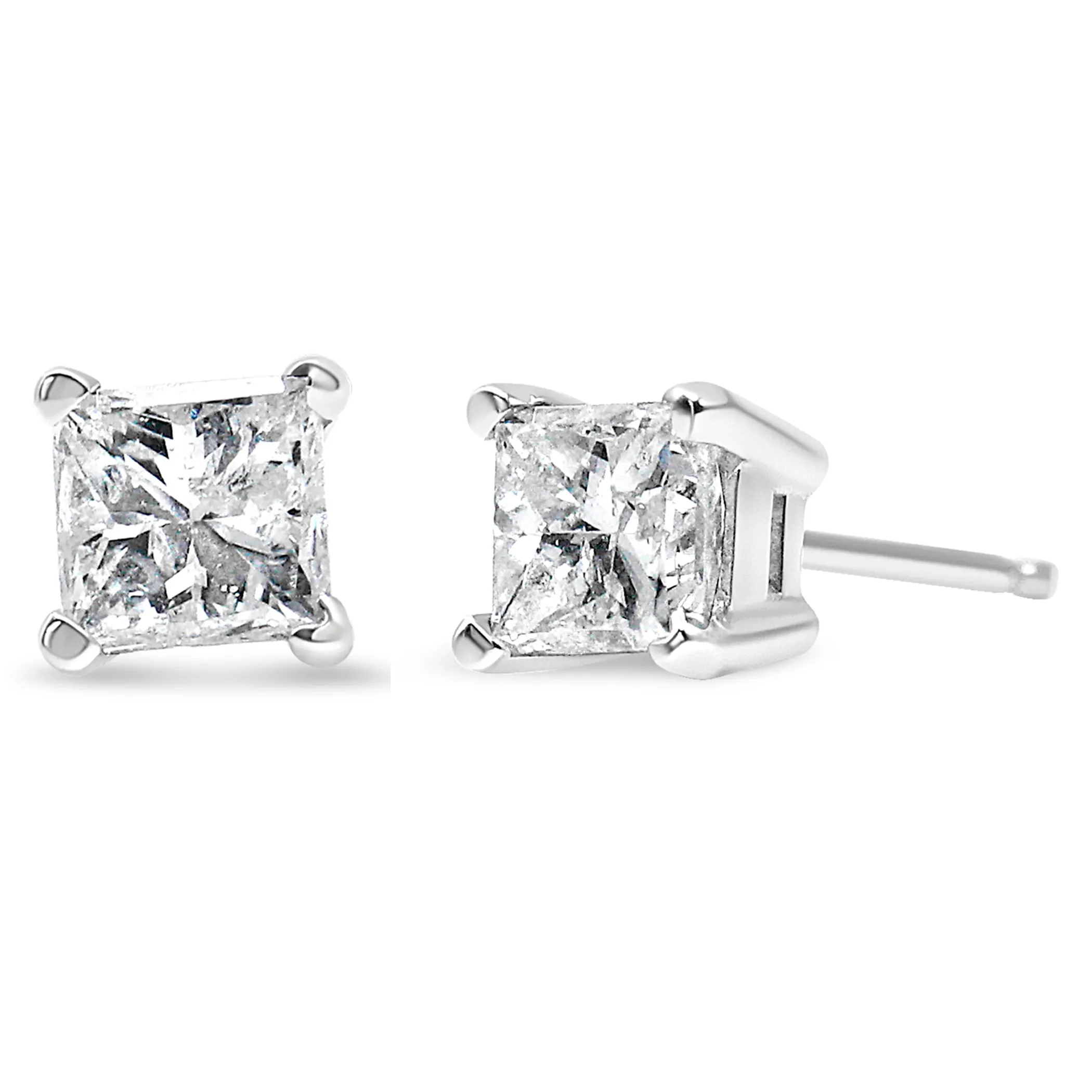 AGS Certified 14k Gold 4-Prong Set Princess-Cut Solitaire Diamond Push Back Stud Earrings (I-J Color, SI1-SI2 Clarity)