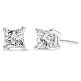 AGS Certified 14k Gold 4-Prong Set Princess-Cut Solitaire Diamond Push Back Stud Earrings (I-J Color, SI1-SI2 Clarity)