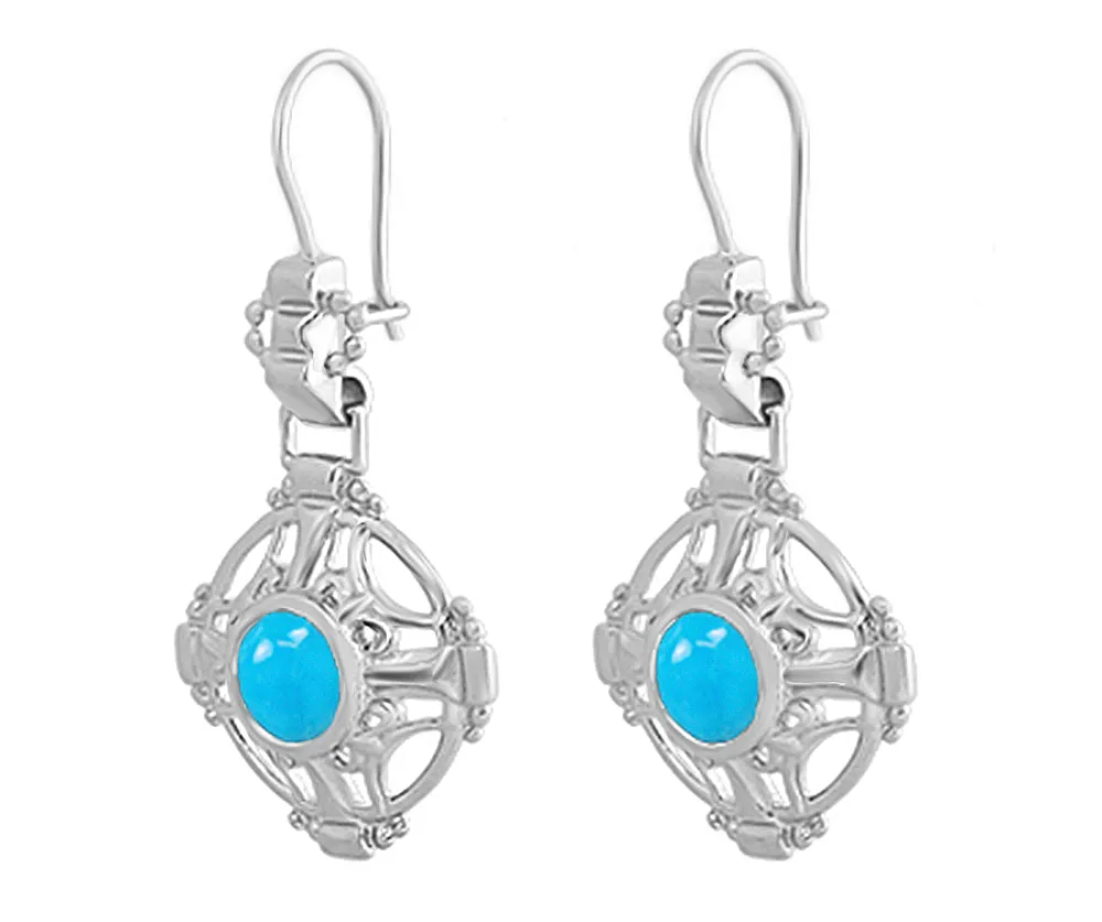 Antique Style Arts and Crafts Filigree Turquoise Earrings in Sterling Silver