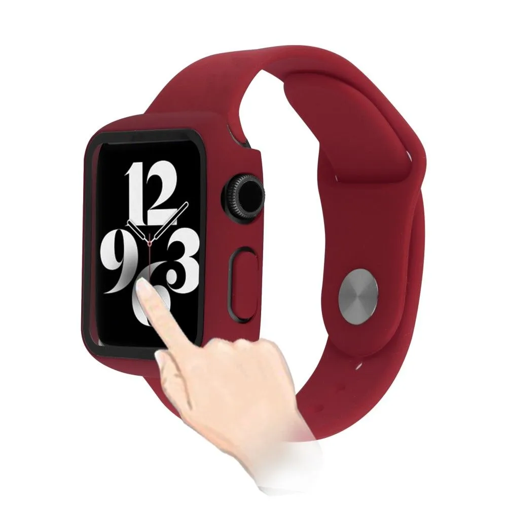 Apple Watch (45mm) cover with tempered glass   silicone watch strap - Wine Red