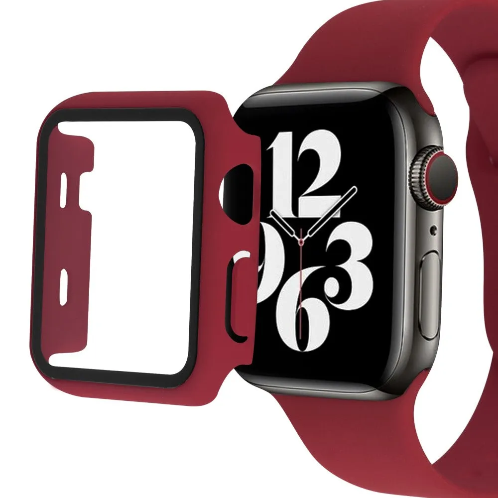 Apple Watch (45mm) cover with tempered glass   silicone watch strap - Wine Red