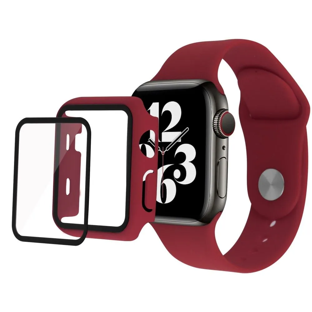 Apple Watch (45mm) cover with tempered glass   silicone watch strap - Wine Red