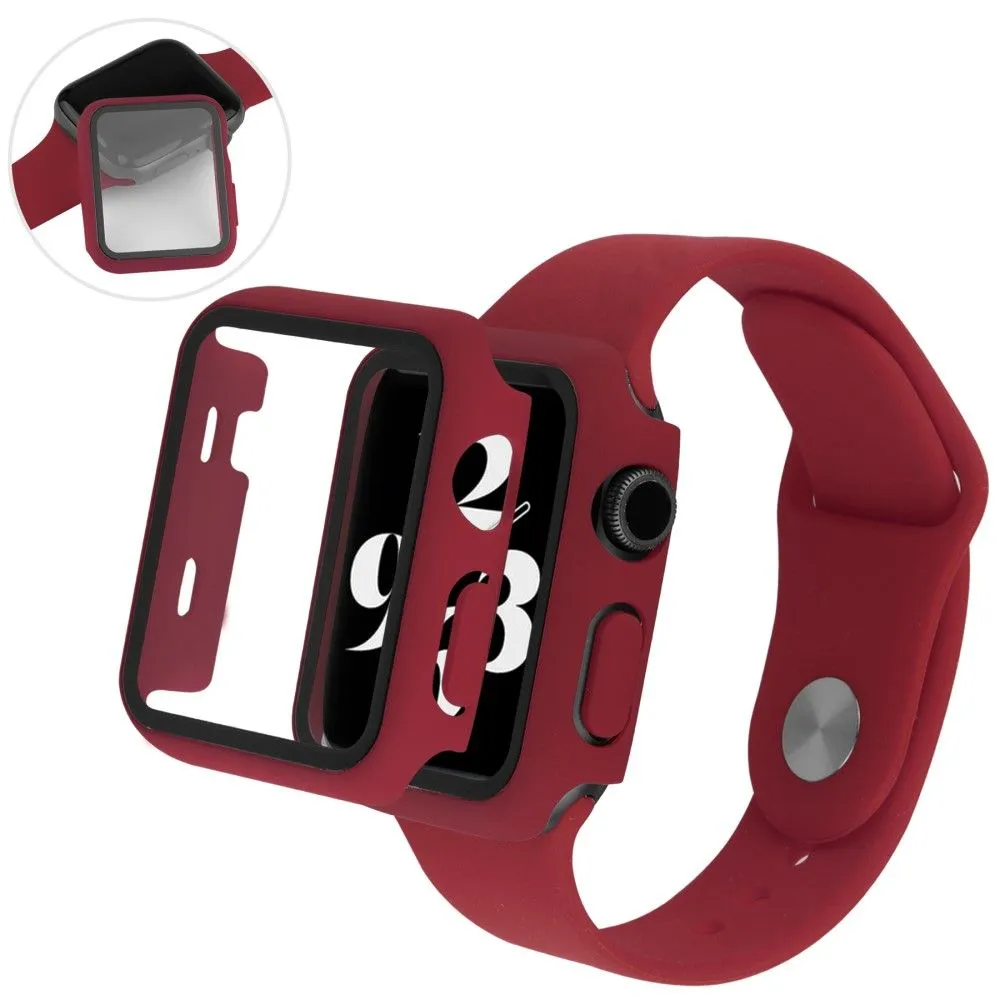 Apple Watch (45mm) cover with tempered glass   silicone watch strap - Wine Red