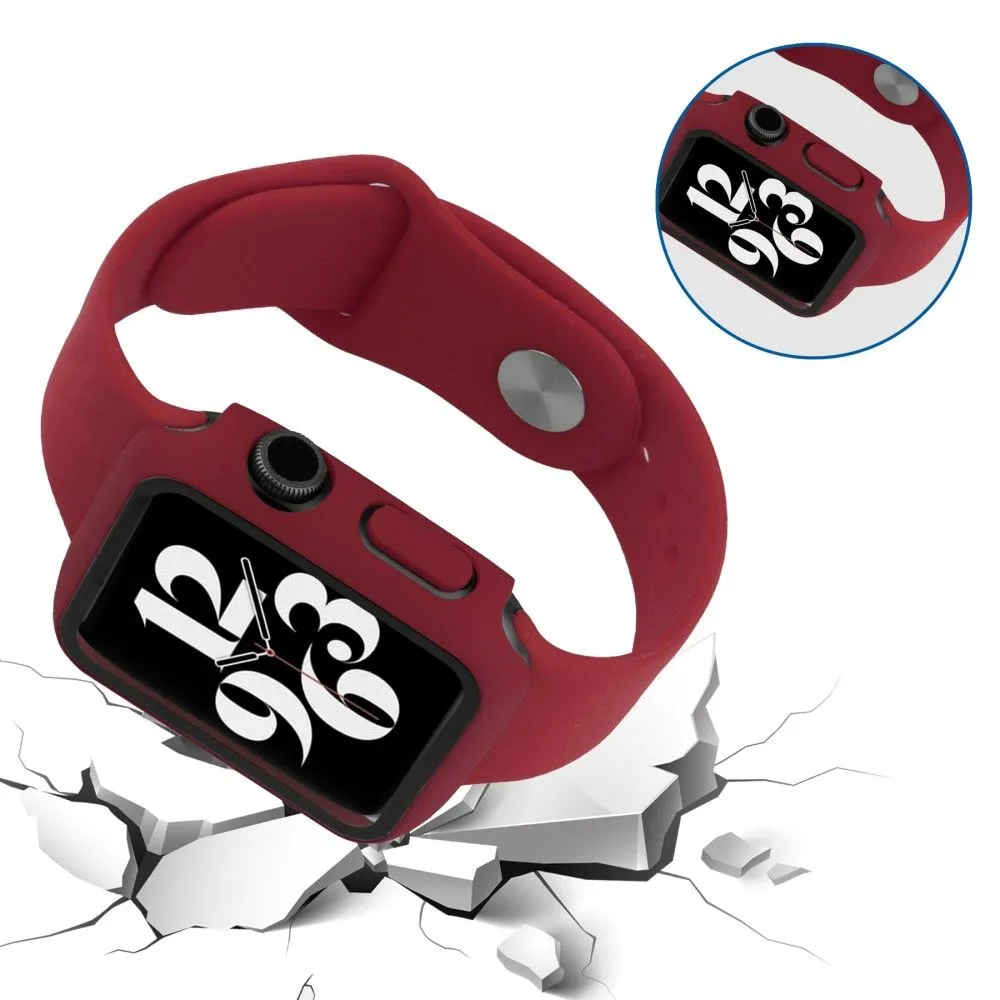 Apple Watch (45mm) cover with tempered glass   silicone watch strap - Wine Red