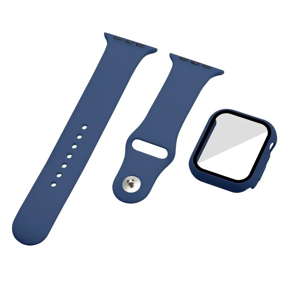 Apple Watch (45mm) silicone watch strap   cover with tempered glass - Dark Blue / Size: M / L