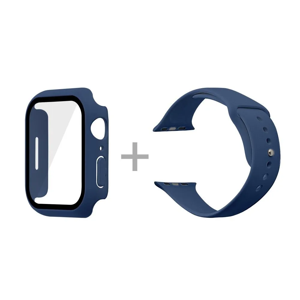 Apple Watch (45mm) silicone watch strap   cover with tempered glass - Dark Blue / Size: M / L