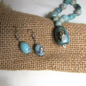 Aqua Fire Agate Bead Pendant  Necklace & Earrings Set