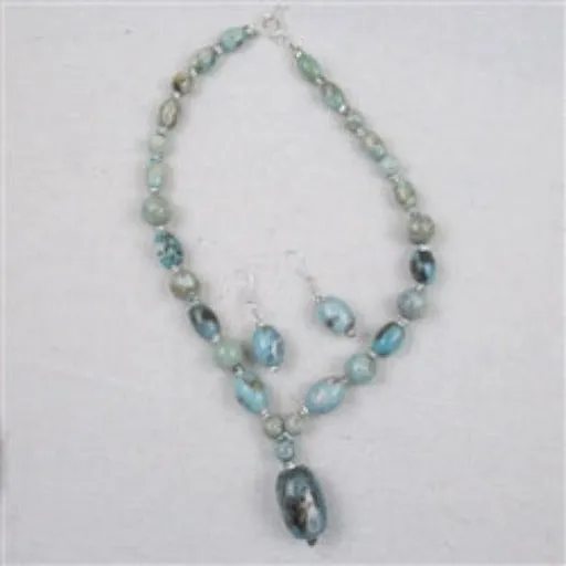 Aqua Fire Agate Bead Pendant  Necklace & Earrings Set