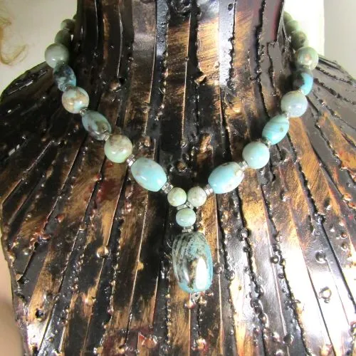 Aqua Fire Agate Bead Pendant  Necklace & Earrings Set