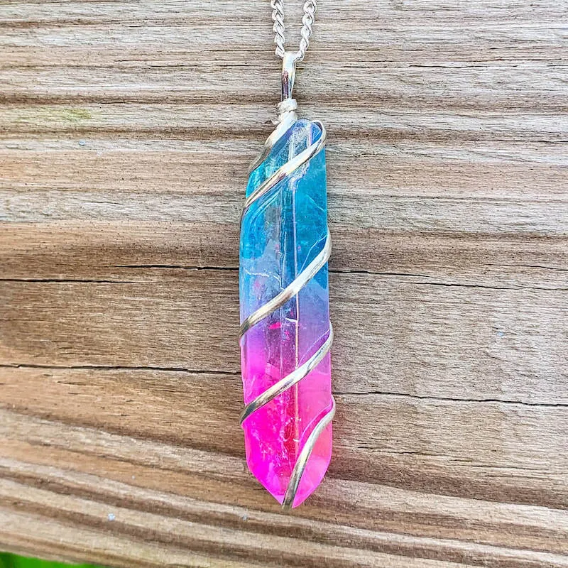 Aura Quartz Spiral Wrapped Pendant Necklace